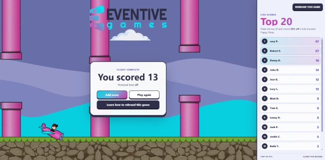 Customisable Flappy Plane game for interactive event activations